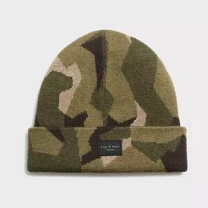 Rag & bone Addison Shatter Camo Green Beanie 100% Wool One Size